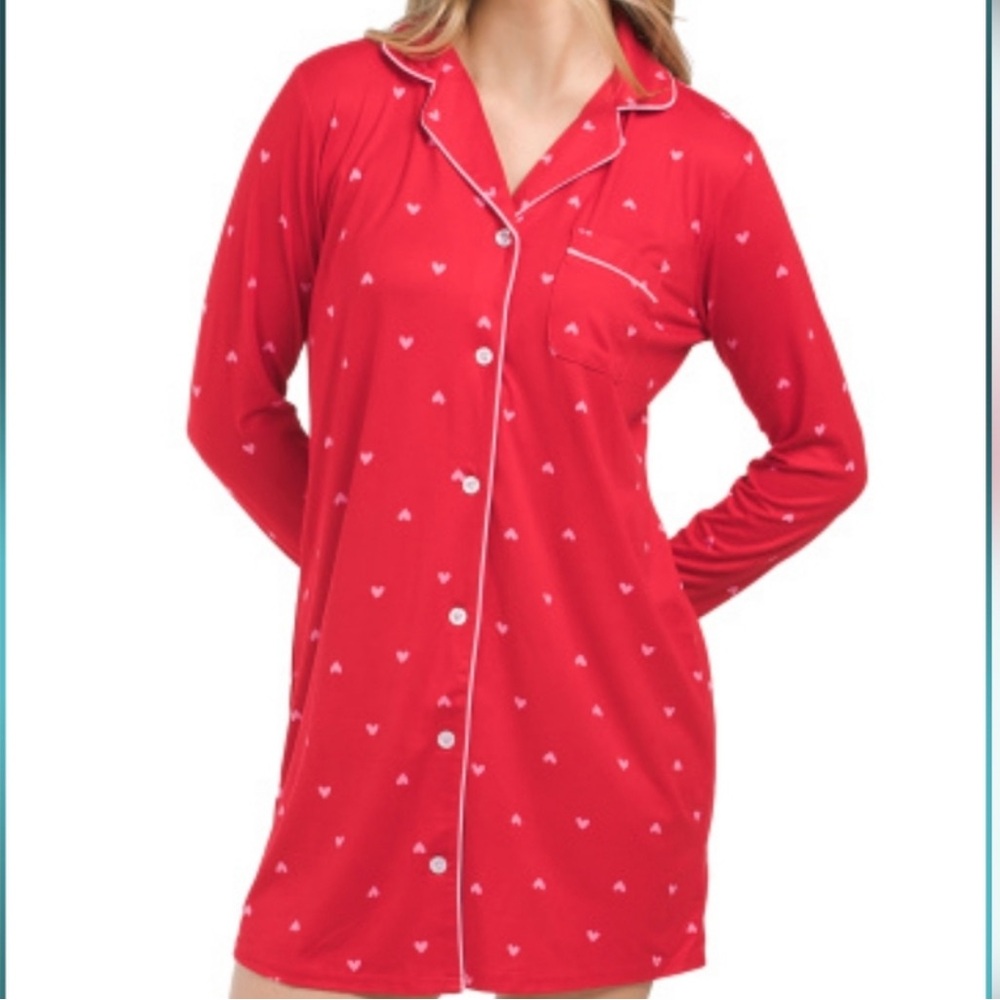 Laura Ashley Red Heart Print Sleep Shirt Nightgown Medium Button Up